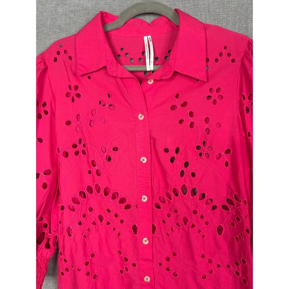 Anthropologie Shirt Dress Womens Medium Pink Button Up Eyelet Puff Sleeve Boho